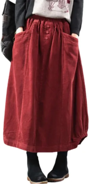 Women Vintage Button Front Bubble Corduroy Long Skirt with Pockets A-Line Silhouette Fall Midi Skirt Japanese Style