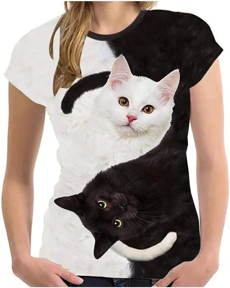 Women's 3D Print Cat T-Shirts Funny Cute Graphic Tee Crewneck Short Sleeve Casual Tops Shirt Teen Girl Vacation T-Shirt