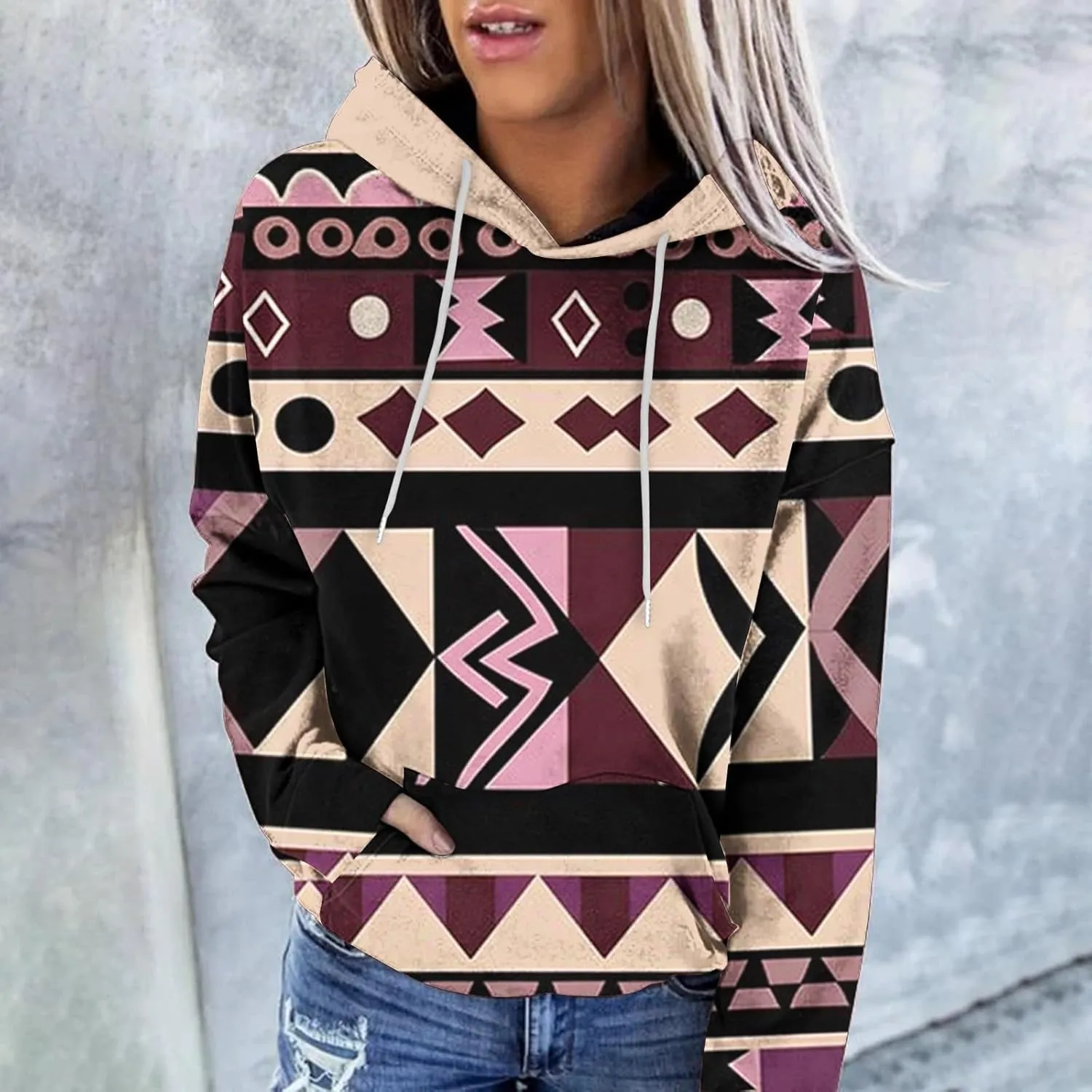 Women's Aztec Ethnic Style Hoodies Sweatshirts Casual Western Print Tops Long Sleeve Pocket Hooded Sweatshirt