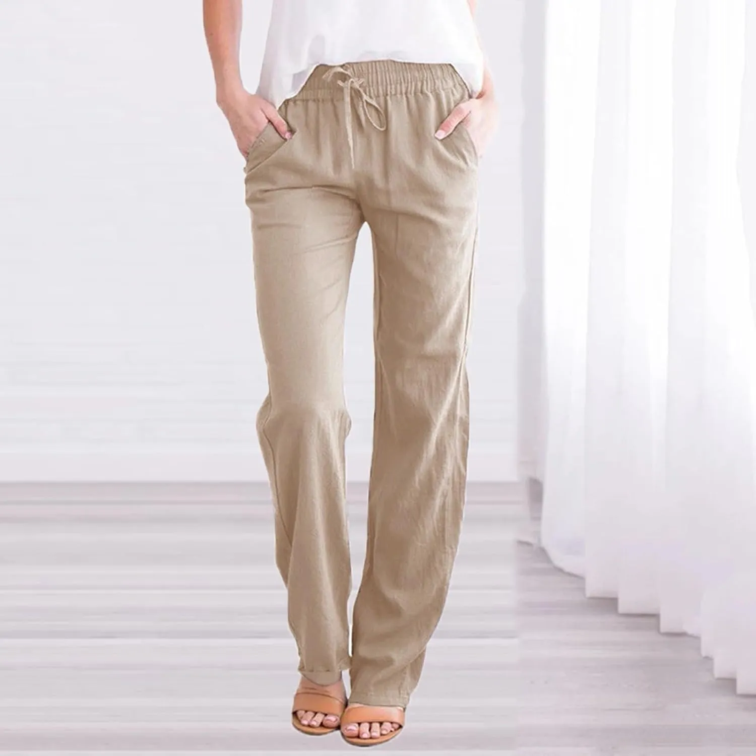 Women's Casual Loose Wide Leg Cozy Pants Linen Elastic Women Leg Solid 2025 Flowy Beach Trendy Trousers with Pockets