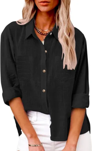 Womens Cotton Linen Button Down Shirts Business Casual Long Sleeve Outfit Daily Spring&Summer Blouses for Women 2025