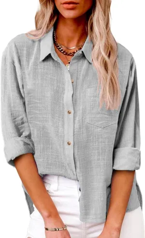 Womens Cotton Linen Button Down Shirts Business Casual Long Sleeve Outfit Daily Spring&Summer Blouses for Women 2025