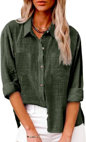 Womens Cotton Linen Button Down Shirts Business Casual Long Sleeve Outfit Daily Spring&Summer Blouses for Women 2025
