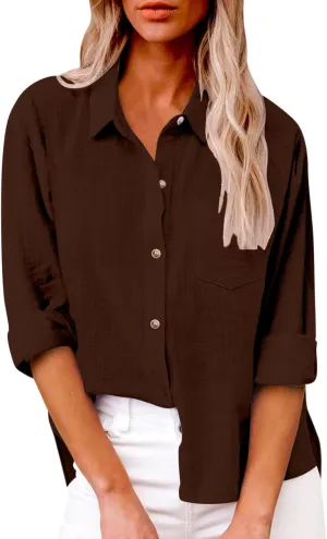 Womens Cotton Linen Button Down Shirts Business Casual Long Sleeve Outfit Daily Spring&Summer Blouses for Women 2025