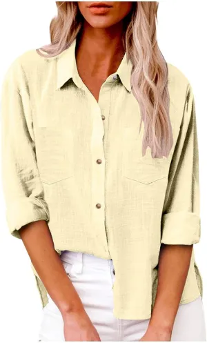 Womens Cotton Linen Button Down Shirts Business Casual Long Sleeve Outfit Daily Spring&Summer Blouses for Women 2025