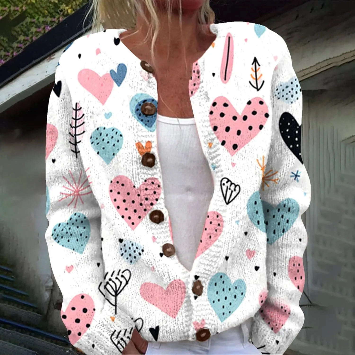 Womens Cute Heart Cardigan Sweaters Sweaters for Women 2025 Trendy Love Heart Button Down Long Sleeve Oversized Coat