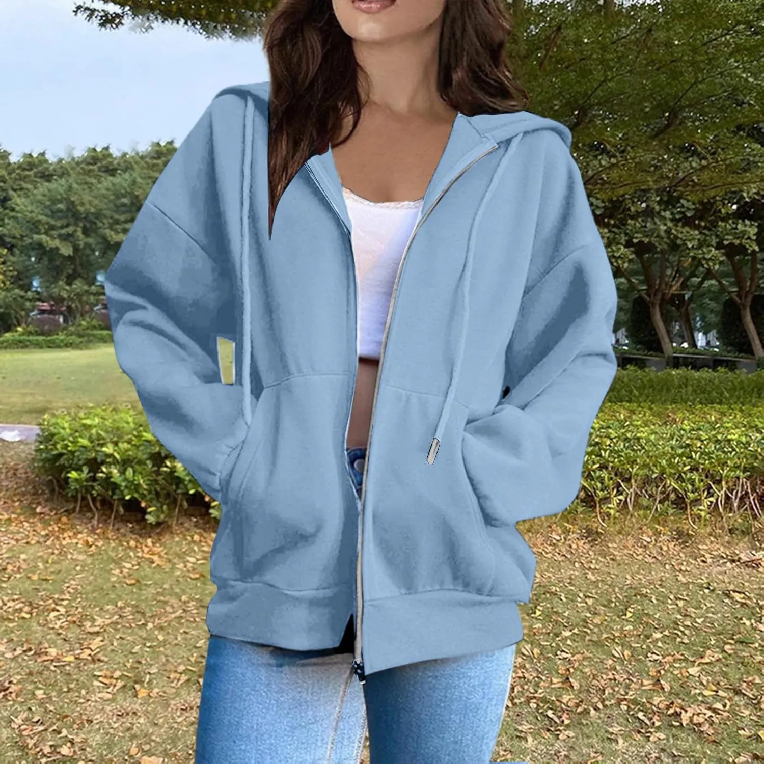 Womens Fashion Long Sleeve Zip Up Hoodies Jackets Casual Plain Fitted Fall Teen Girls Sweatshirt Coats