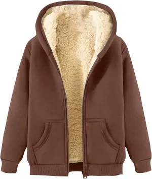 Womens Fleece Jacket Plus Size Fleece Lined Hoodie Winter Warm Sherpa Lined Sweatshirts Full Zip Up Jackets Coats