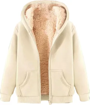 Womens Fleece Jacket Plus Size Fleece Lined Hoodie Winter Warm Sherpa Lined Sweatshirts Full Zip Up Jackets Coats
