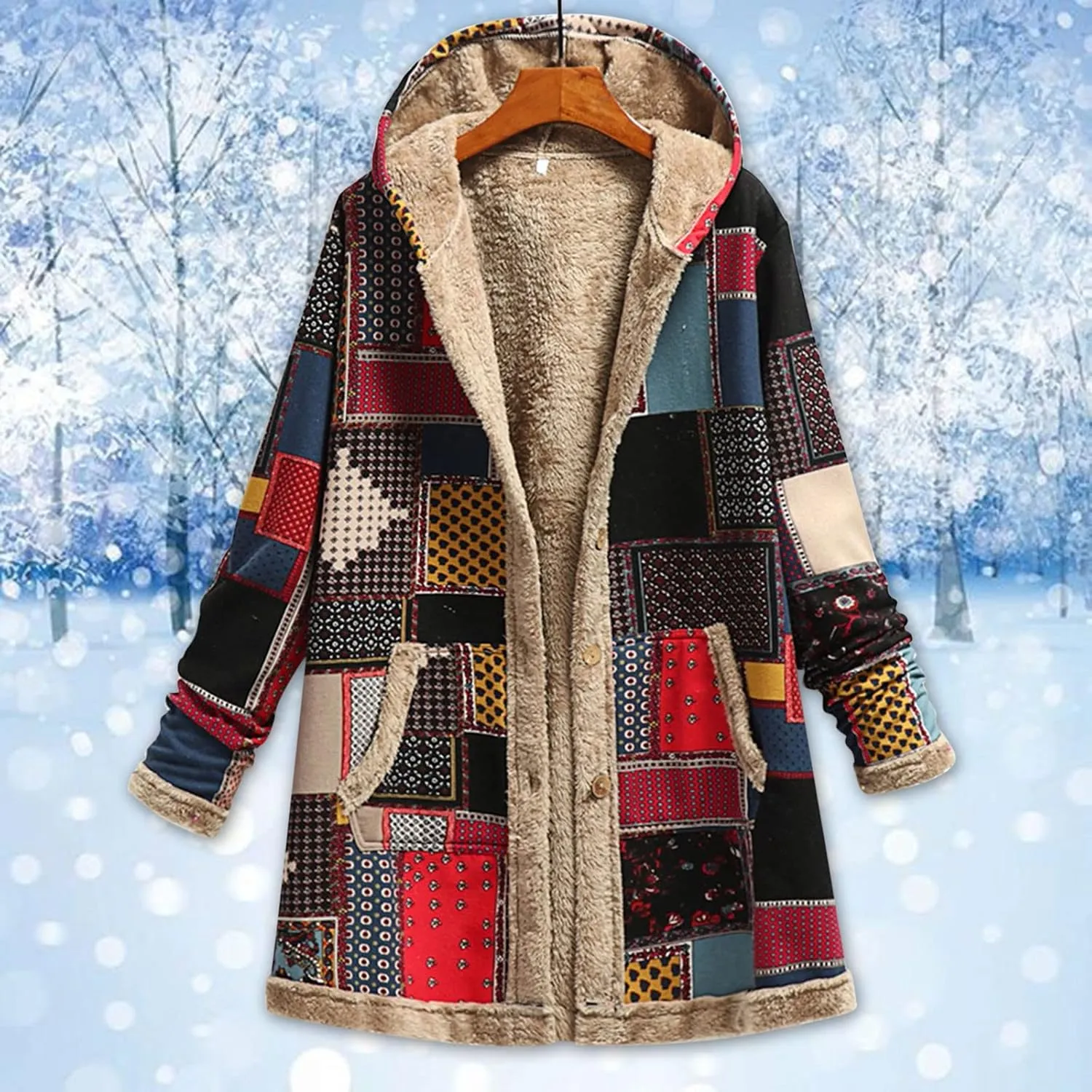 Women's Fleece Lined Hooded Jackets Fall Winter Coats Printing Vintage Parka Jacket Casual Thick Cotton Padded