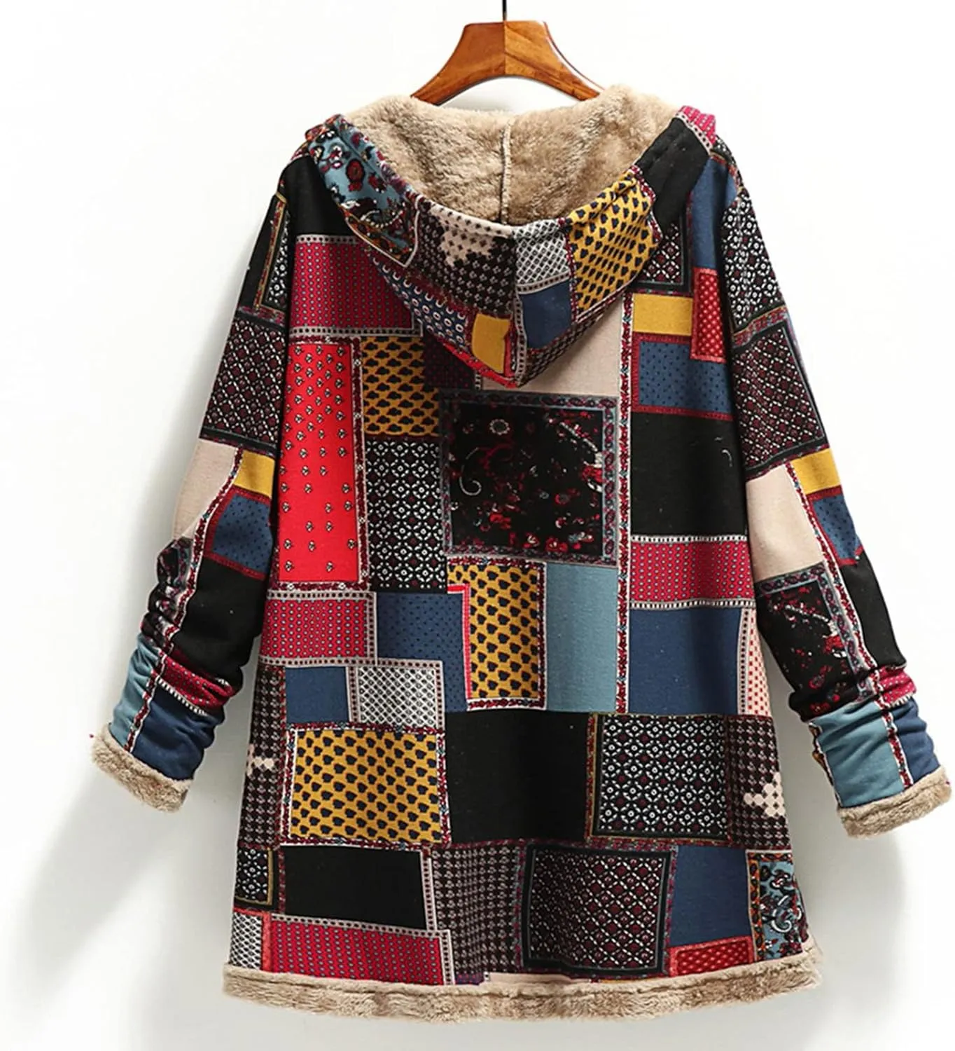 Women's Fleece Lined Hooded Jackets Fall Winter Coats Printing Vintage Parka Jacket Casual Thick Cotton Padded