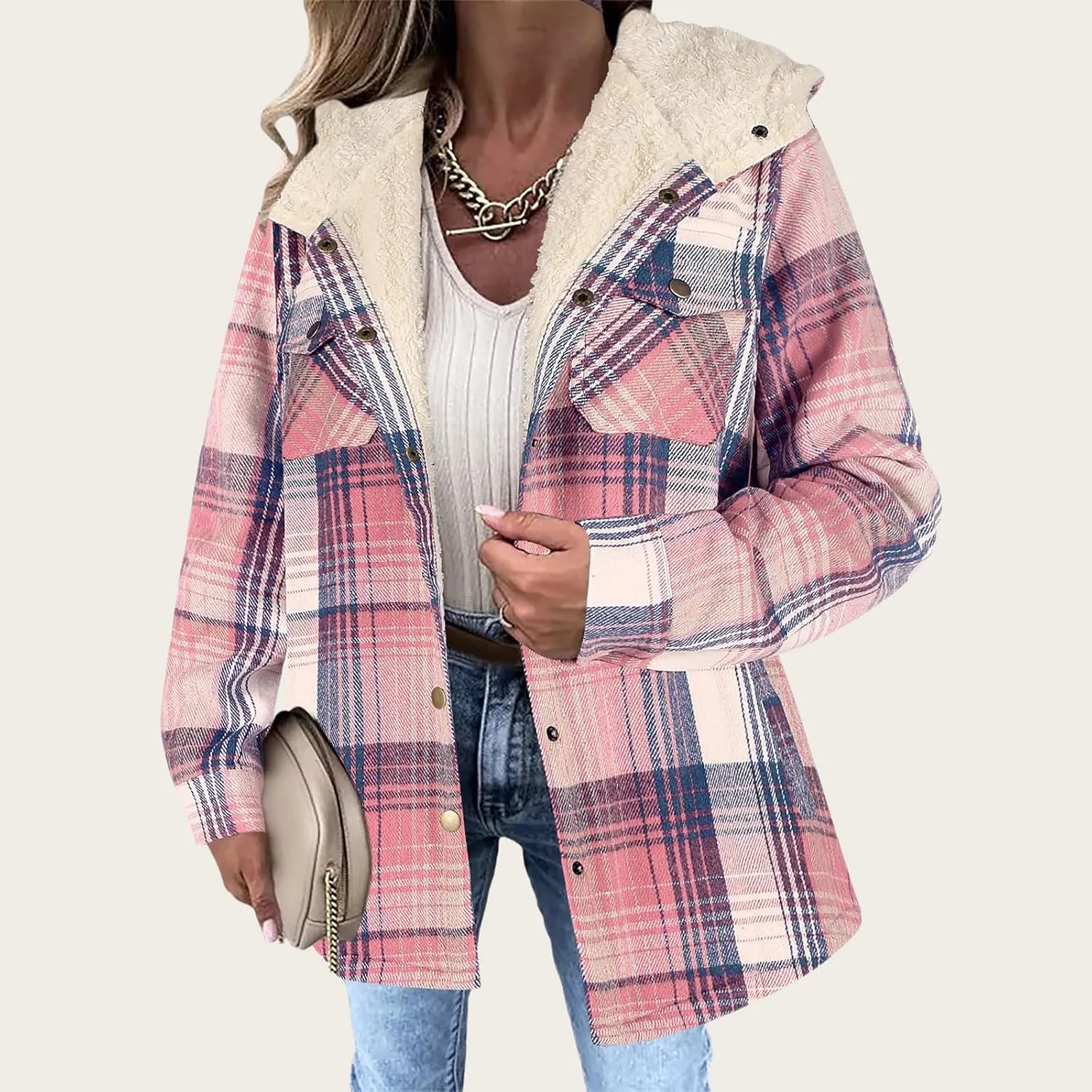 Womens Fleece Lined Jacket Flannel Plaid Shacket Casual Long Sleeve Button Down Hooded Jackets Fuzzy Warm Hoodies