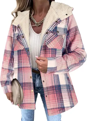 Womens Fleece Lined Jacket Flannel Plaid Shacket Casual Long Sleeve Button Down Hooded Jackets Fuzzy Warm Hoodies