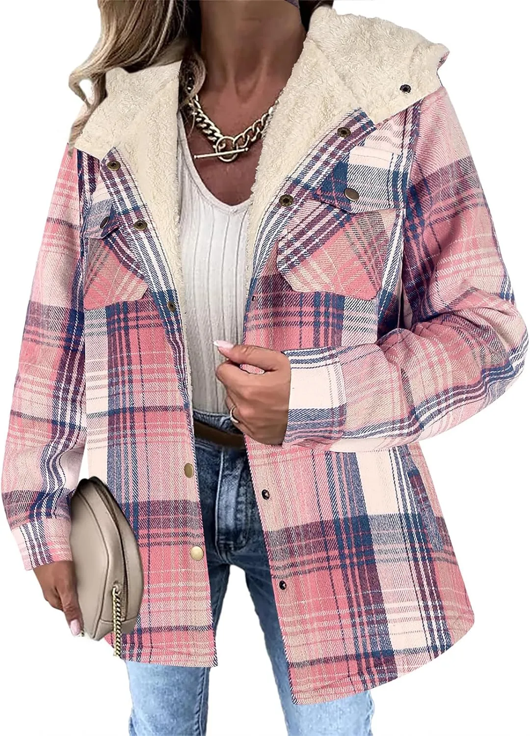 Womens Fleece Lined Jacket Flannel Plaid Shacket Casual Long Sleeve Button Down Hooded Jackets Fuzzy Warm Hoodies