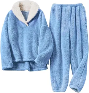 Women's Fluffy Loungewear Sleepwear Lounge Casual Pajamas Sets Loose Long Sleeve Fleece Pullover and Pants Set