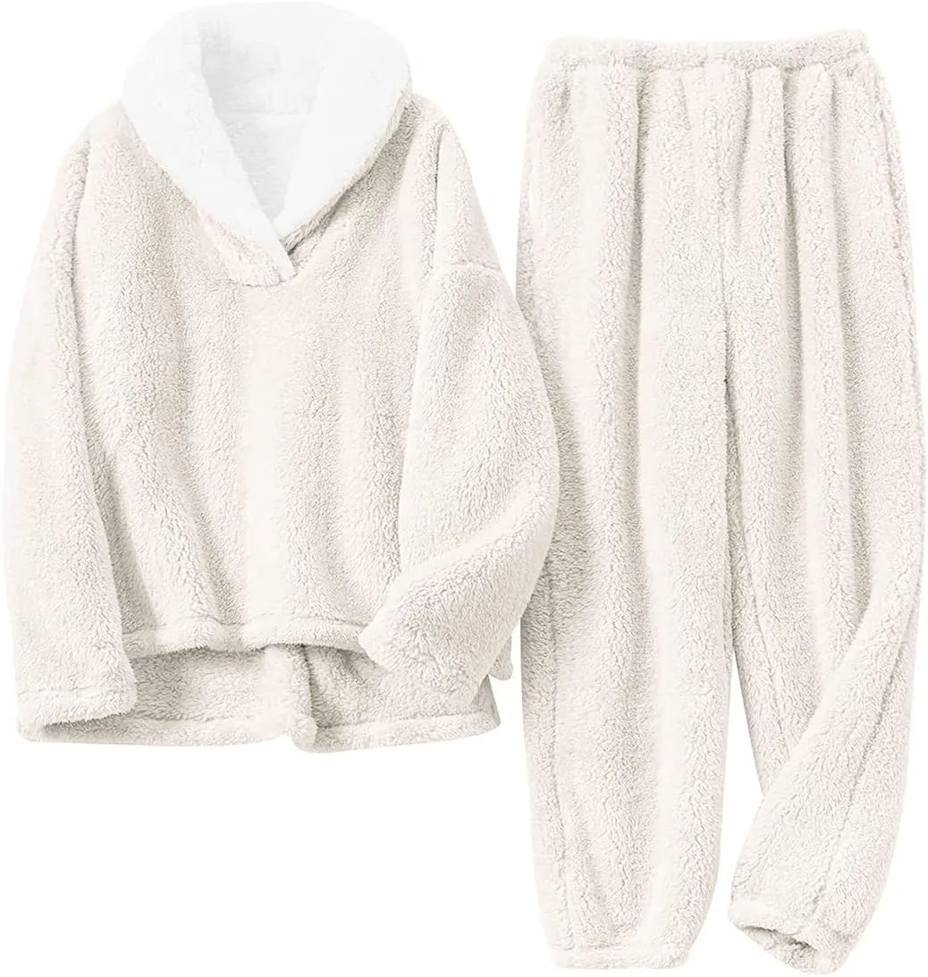 Women's Fluffy Loungewear Sleepwear Lounge Casual Pajamas Sets Loose Long Sleeve Fleece Pullover and Pants Set