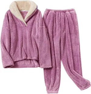 Women's Fluffy Loungewear Sleepwear Lounge Casual Pajamas Sets Loose Long Sleeve Fleece Pullover and Pants Set