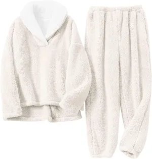 Women's Fluffy Loungewear Sleepwear Lounge Casual Pajamas Sets Loose Long Sleeve Fleece Pullover and Pants Set
