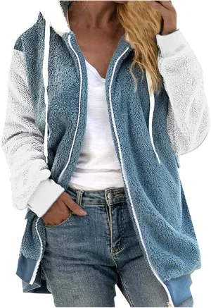 Womens Fuzzy Fleece Basic Hooded Jackets Fall Winter Zip up Warm Outerwear Coats Loose Sherpa Jacket with Pockets