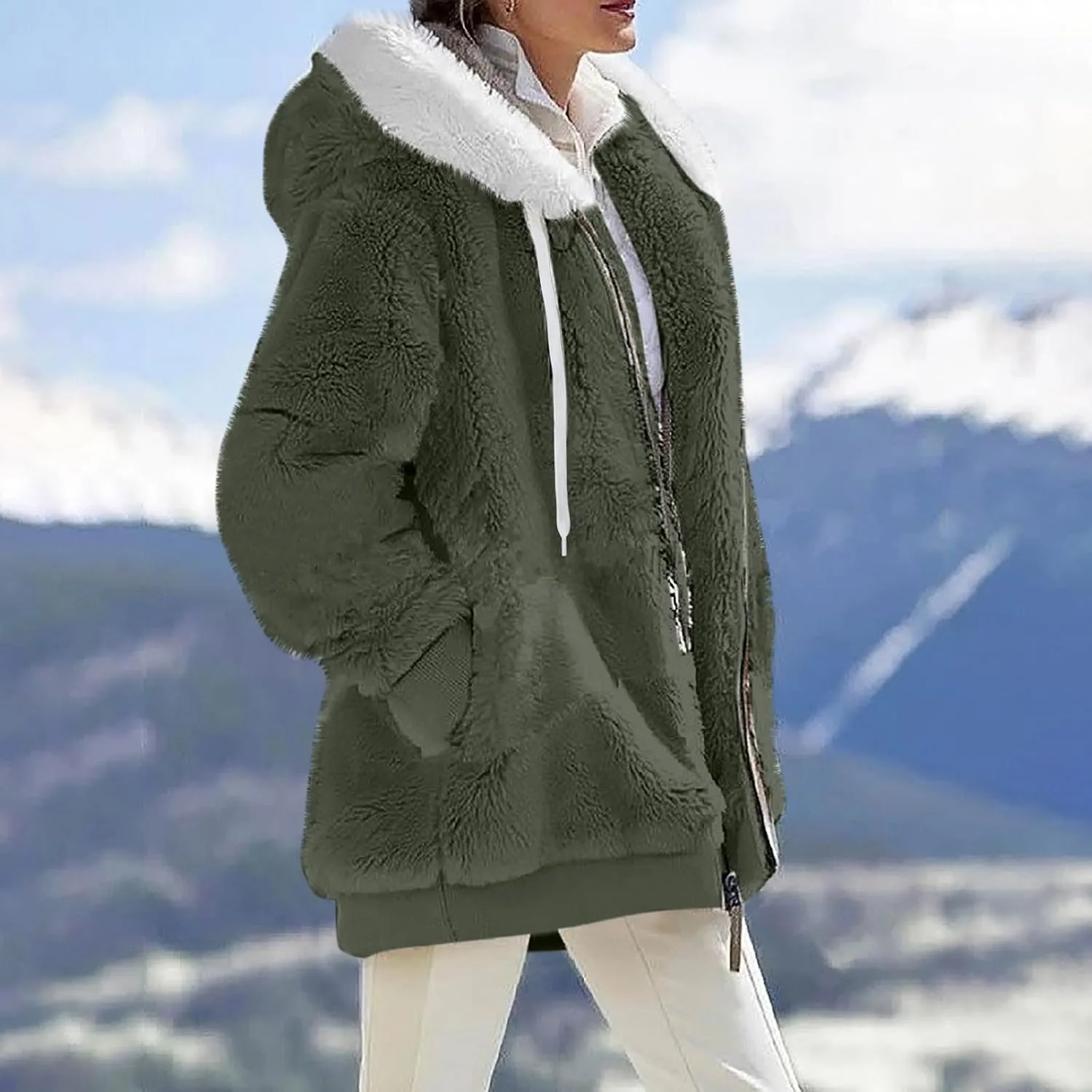 Womens Fuzzy Fleece Basic Hooded Jackets Fall Winter Zip up Warm Outerwear Coats Loose Sherpa Jacket with Pockets