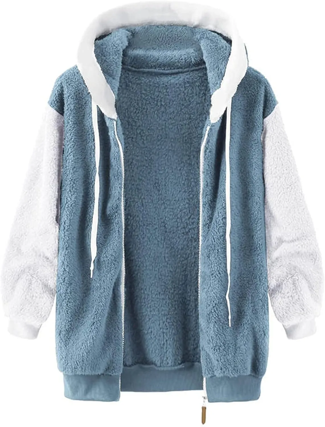 Womens Fuzzy Fleece Basic Hooded Jackets Fall Winter Zip up Warm Outerwear Coats Loose Sherpa Jacket with Pockets