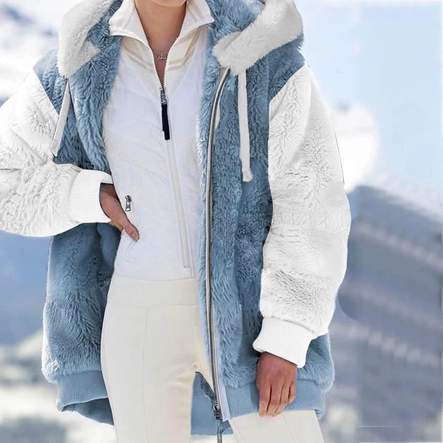 Womens Fuzzy Fleece Basic Hooded Jackets Fall Winter Zip up Warm Outerwear Coats Loose Sherpa Jacket with Pockets