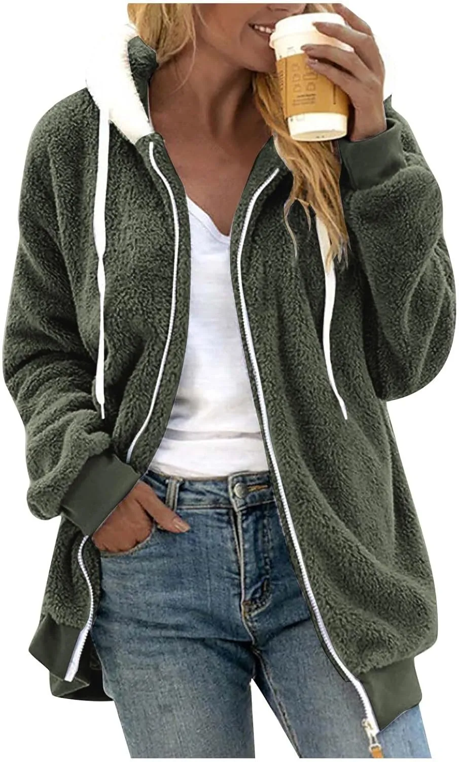 Womens Fuzzy Fleece Basic Hooded Jackets Fall Winter Zip up Warm Outerwear Coats Loose Sherpa Jacket with Pockets