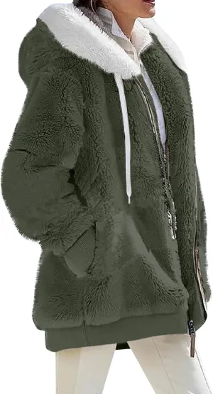 Womens Fuzzy Fleece Basic Hooded Jackets Fall Winter Zip up Warm Outerwear Coats Loose Sherpa Jacket with Pockets