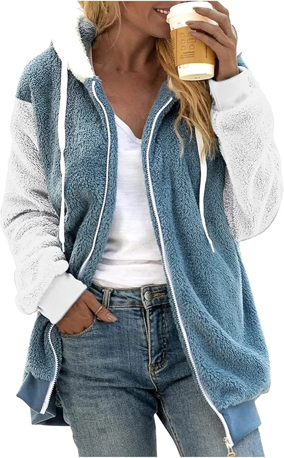 Womens Fuzzy Fleece Basic Hooded Jackets Fall Winter Zip up Warm Outerwear Coats Loose Sherpa Jacket with Pockets