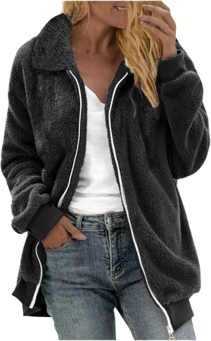 Womens Fuzzy Fleece Open Front Cardigan Jacket Oversized Long Sleeve Lapel Sherpa Warm Teddy Coat With Pockets