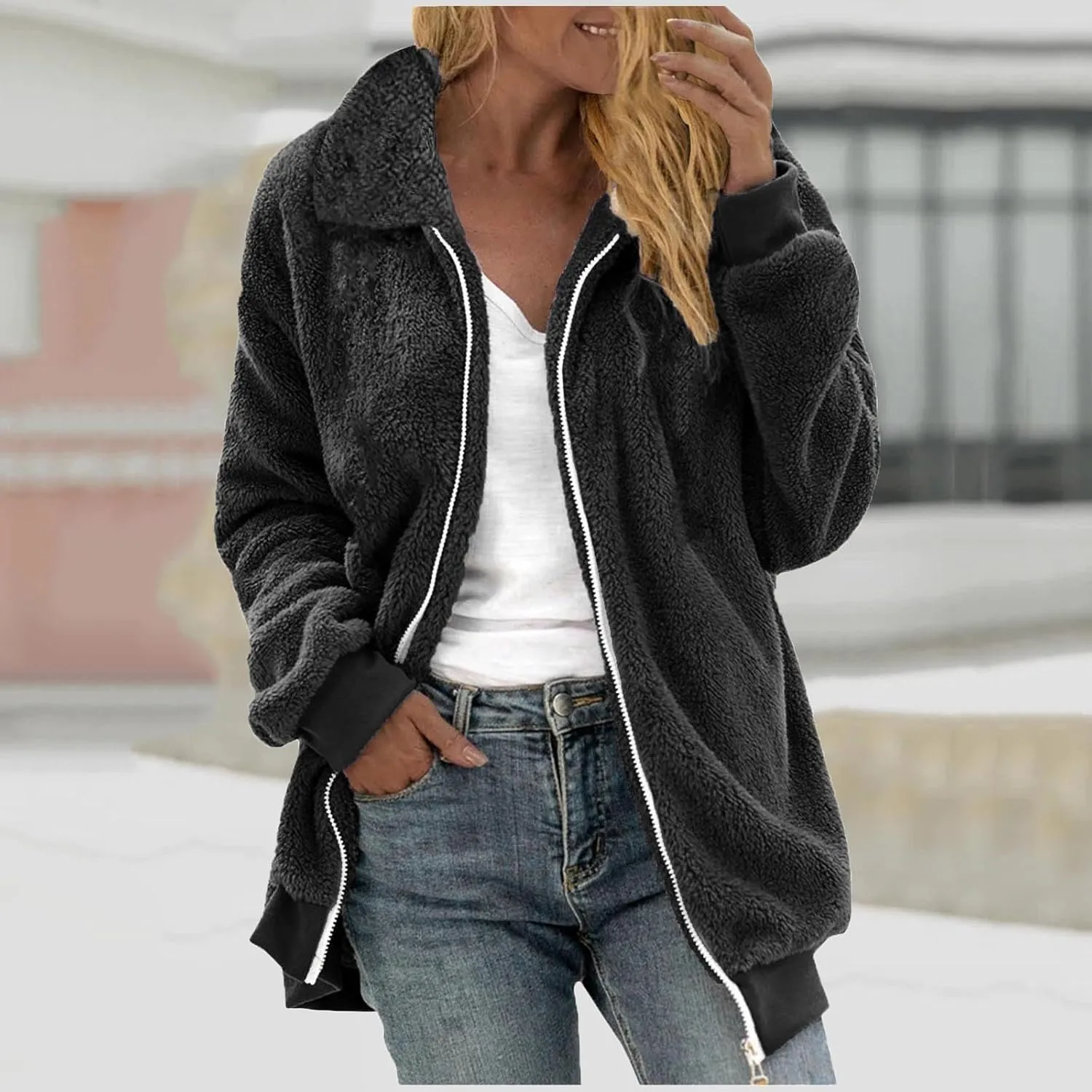 Womens Fuzzy Fleece Open Front Cardigan Jacket Oversized Long Sleeve Lapel Sherpa Warm Teddy Coat With Pockets