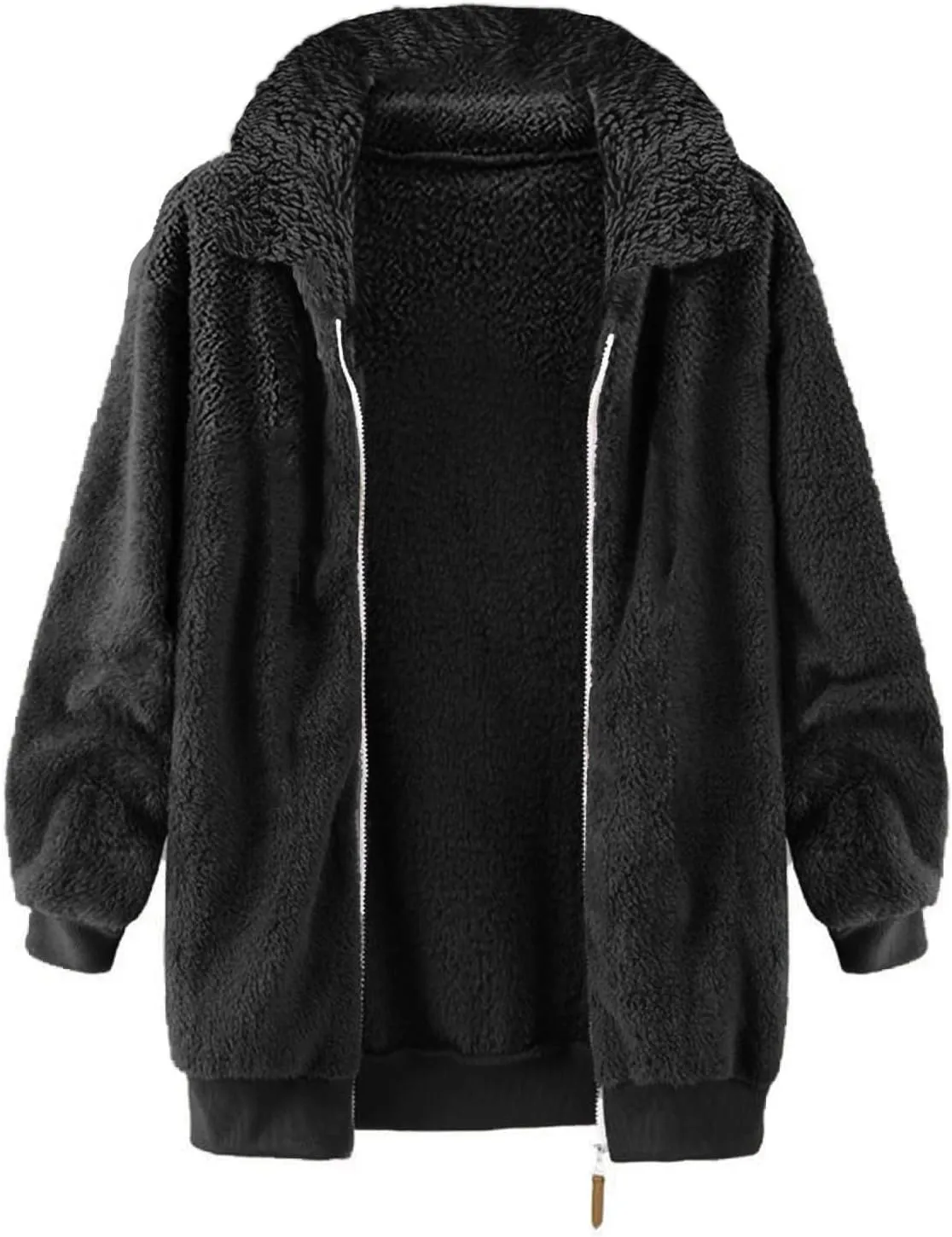 Womens Fuzzy Fleece Open Front Cardigan Jacket Oversized Long Sleeve Lapel Sherpa Warm Teddy Coat With Pockets