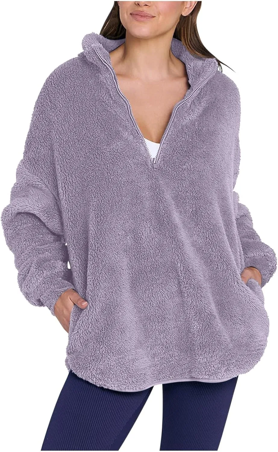 Womens Half Zip Sherpa Pullover Fuzzy Fleece Oversized Sweatshirts Long Sleeve Winter Warm Outerwear With Pockets