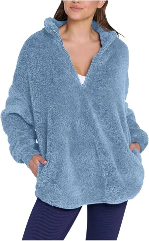 Womens Half Zip Sherpa Pullover Fuzzy Fleece Oversized Sweatshirts Long Sleeve Winter Warm Outerwear With Pockets