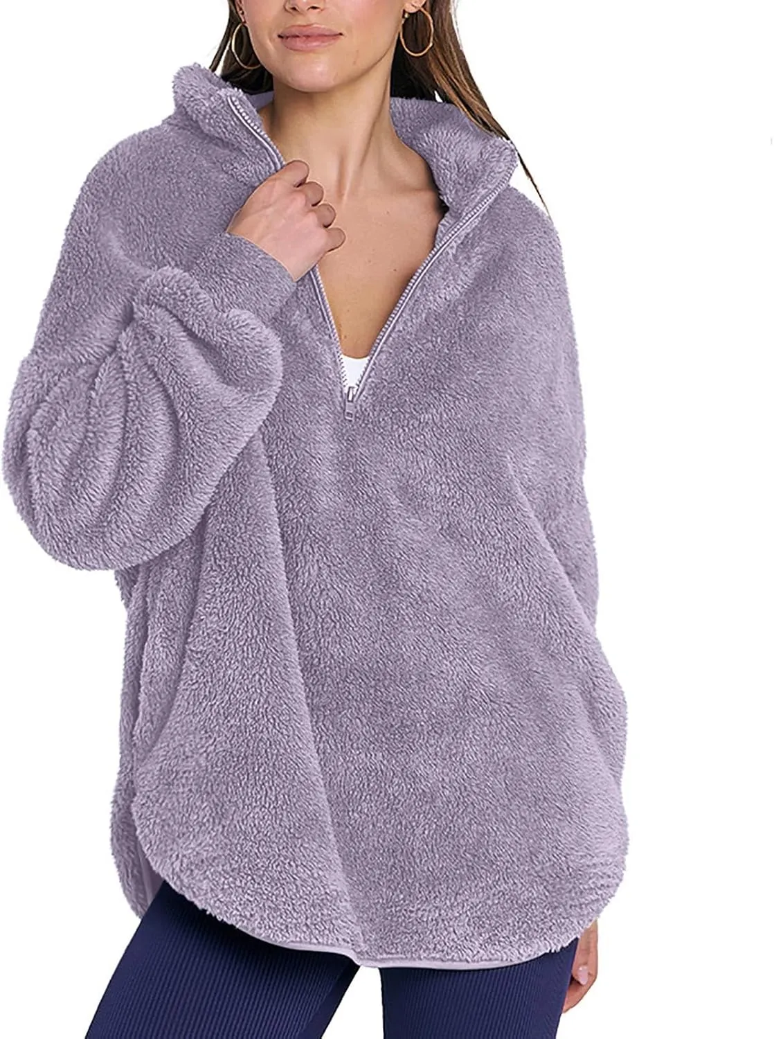 Womens Half Zip Sherpa Pullover Fuzzy Fleece Oversized Sweatshirts Long Sleeve Winter Warm Outerwear With Pockets