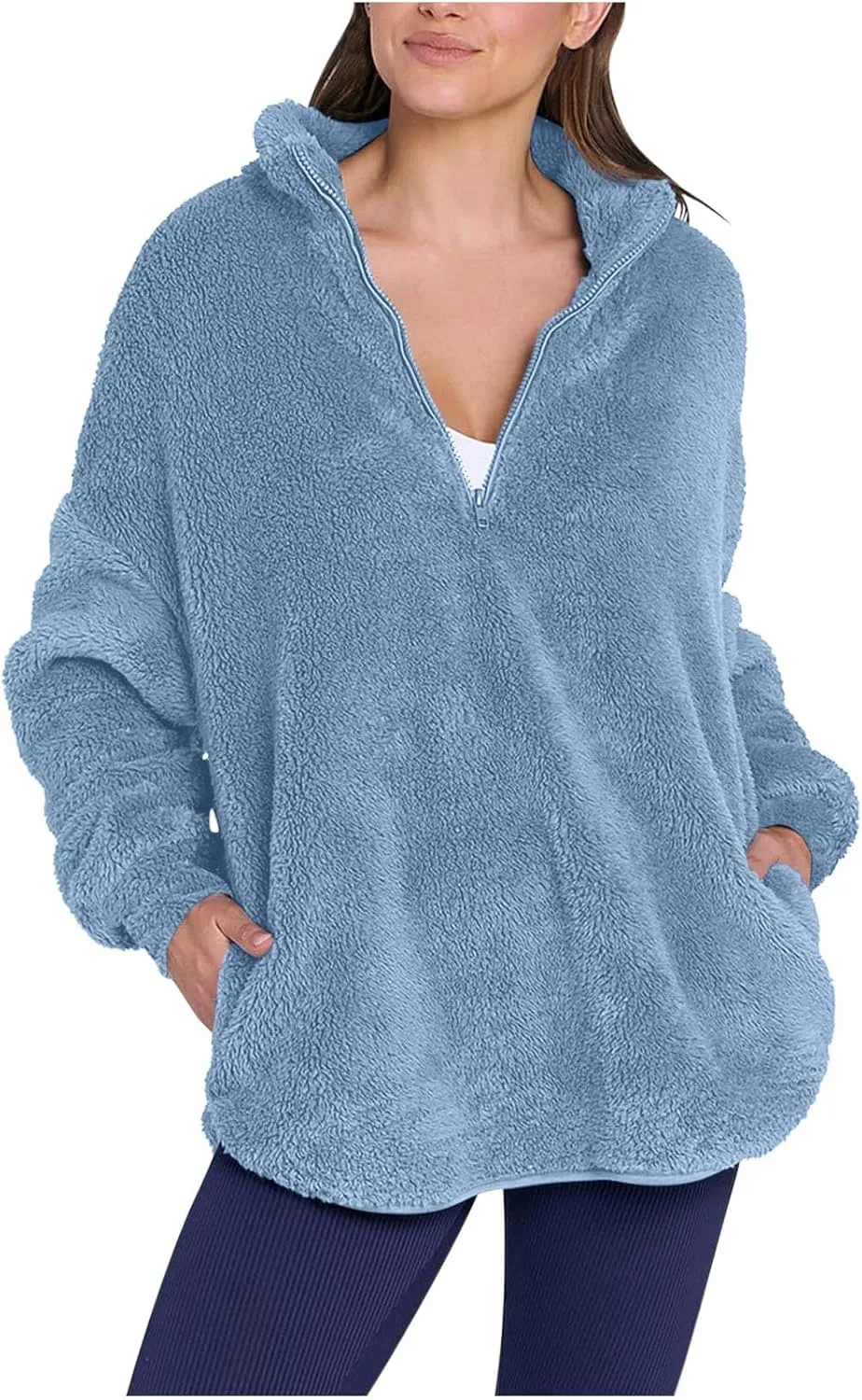 Womens Half Zip Sherpa Pullover Fuzzy Fleece Oversized Sweatshirts Long Sleeve Winter Warm Outerwear With Pockets