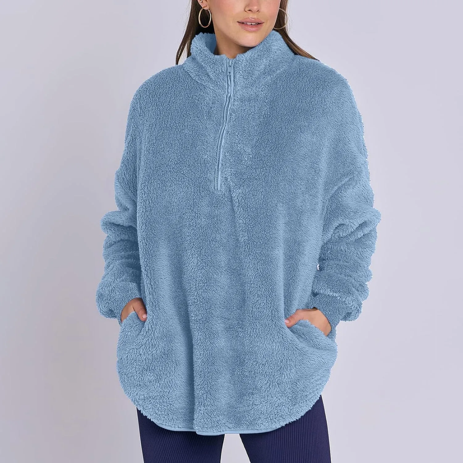 Womens Half Zip Sherpa Pullover Fuzzy Fleece Oversized Sweatshirts Long Sleeve Winter Warm Outerwear With Pockets