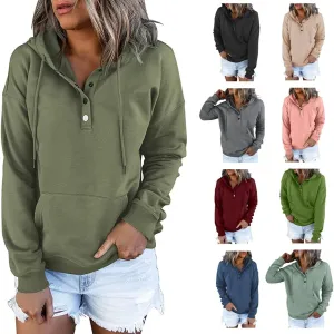 Women's Hoodies Button Collar Drawstring Sweatshirts Long Sleeve Pullover Tops Casual Loose Fall Blouses with Pockets