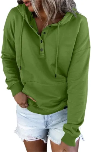 Women's Hoodies Button Collar Drawstring Sweatshirts Long Sleeve Pullover Tops Casual Loose Fall Blouses with Pockets
