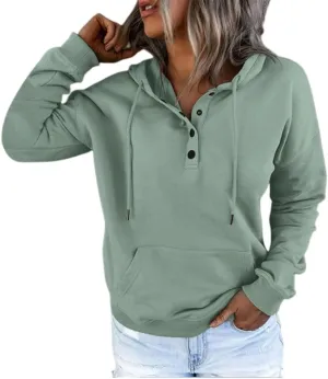 Women's Hoodies Button Collar Drawstring Sweatshirts Long Sleeve Pullover Tops Casual Loose Fall Blouses with Pockets