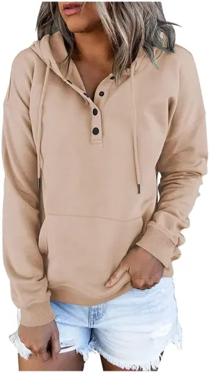 Women's Hoodies Button Collar Drawstring Sweatshirts Long Sleeve Pullover Tops Casual Loose Fall Blouses with Pockets