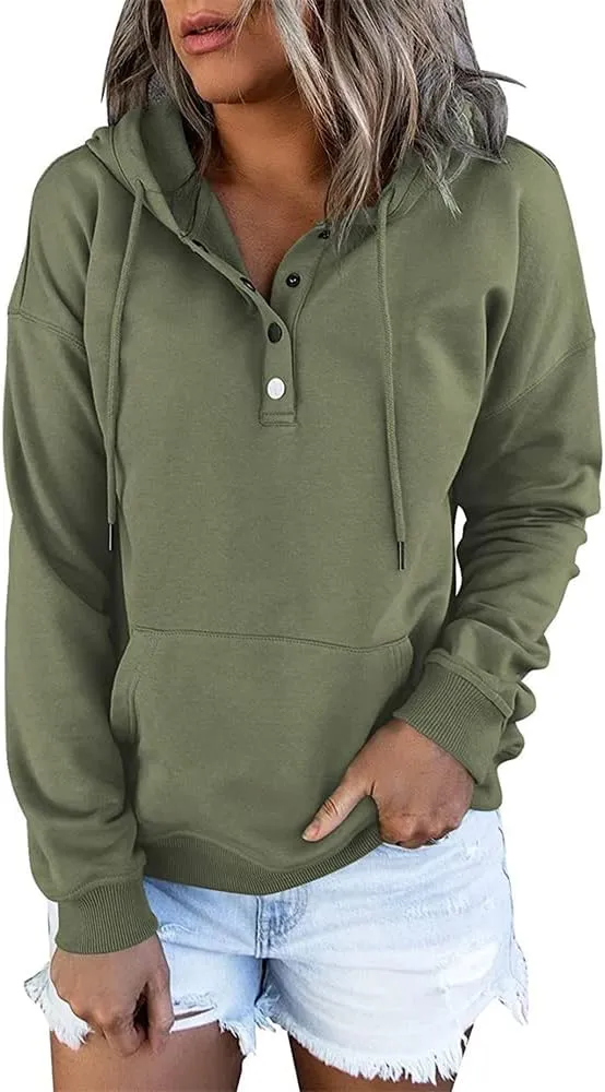 Women's Hoodies Button Collar Drawstring Sweatshirts Long Sleeve Pullover Tops Casual Loose Fall Blouses with Pockets