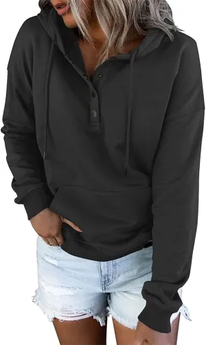 Women's Hoodies Button Collar Drawstring Sweatshirts Long Sleeve Pullover Tops Casual Loose Fall Blouses with Pockets