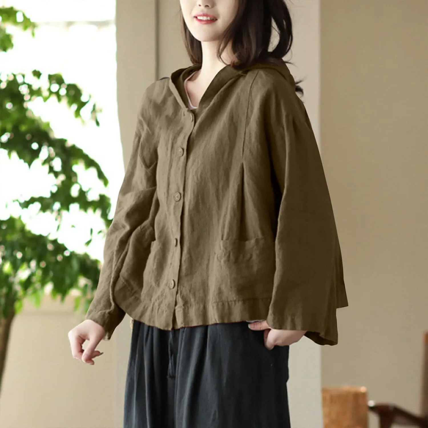 Women's Linen Sun Protection Hoodie Jacket Lightweight Long Sleeve Shirt Oversized Loose Breathable Hooded Cover Ups