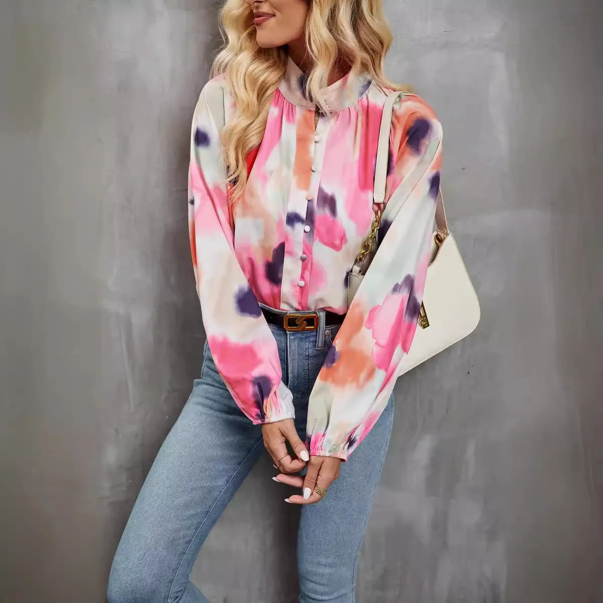 Womens Long Sleeve Shirt  Relaxed Fit  Button Down  Artistic Print  Lightweight