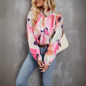 Womens Long Sleeve Shirt  Relaxed Fit  Button Down  Artistic Print  Lightweight