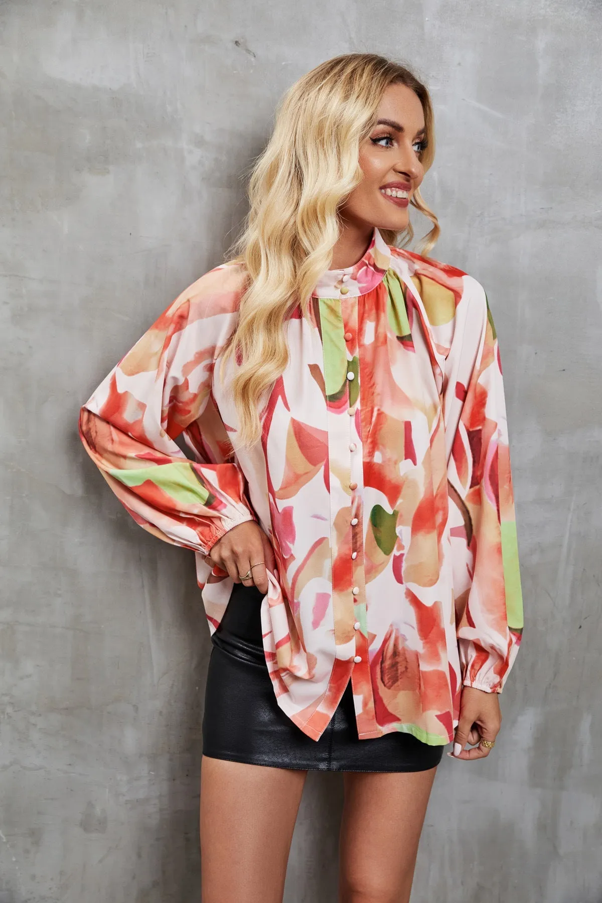 Womens Long Sleeve Shirt  Relaxed Fit  Button Down  Artistic Print  Lightweight