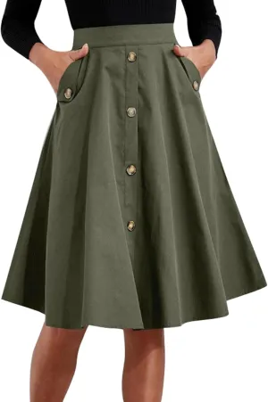 Women's Midi A Line Pleated Skirt Elegant Button Front Casual Work High Waist Skirt with Pockets