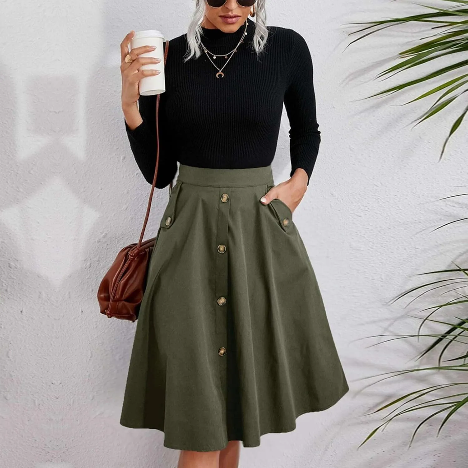 Women's Midi A Line Pleated Skirt Elegant Button Front Casual Work High Waist Skirt with Pockets