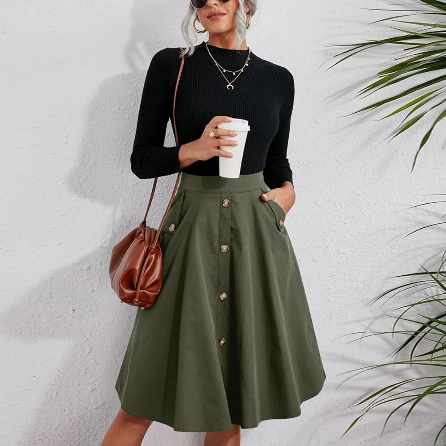 Women's Midi A Line Pleated Skirt Elegant Button Front Casual Work High Waist Skirt with Pockets